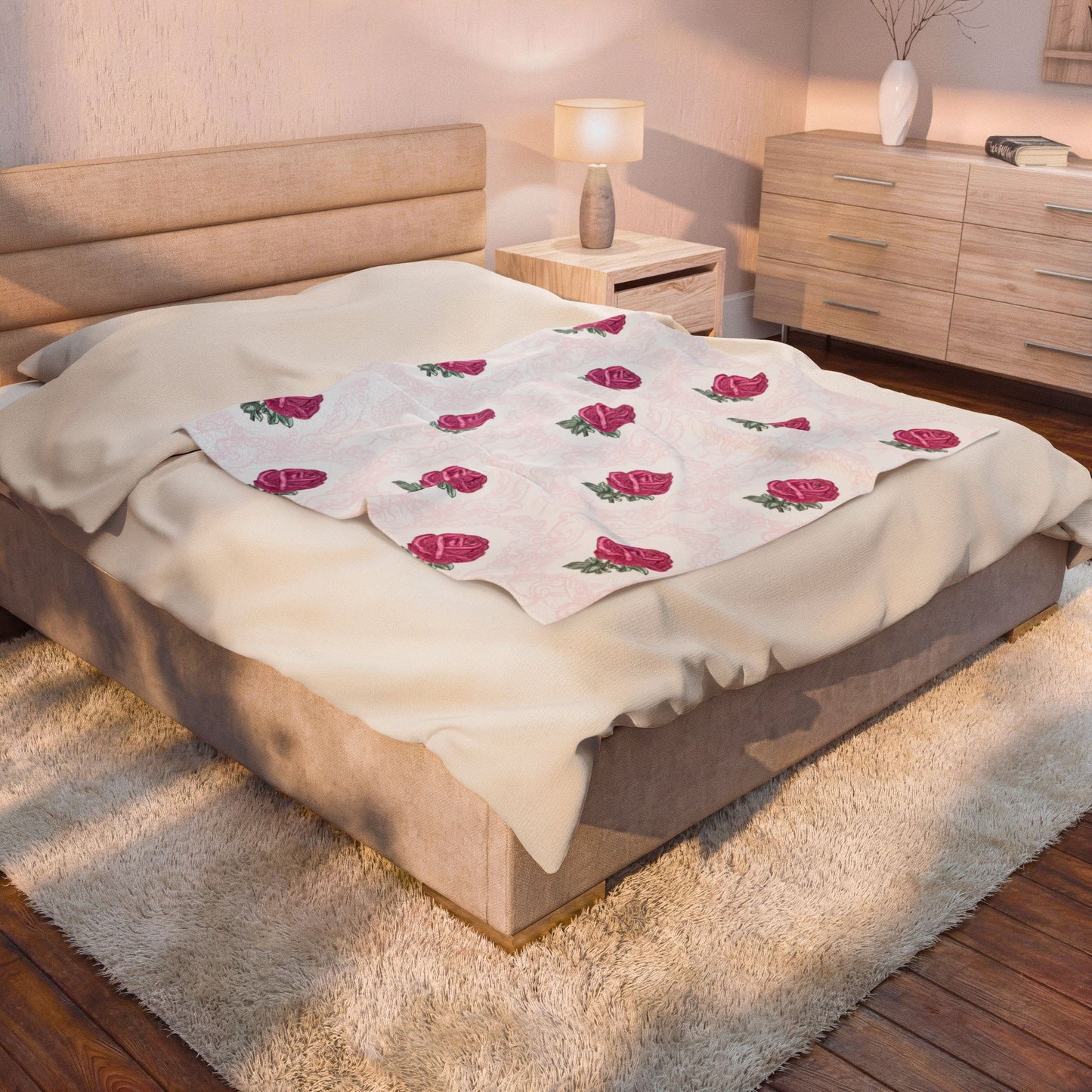 Pink Rose Pattern Velveteen Plush Blanket | Floral, Soft Throw