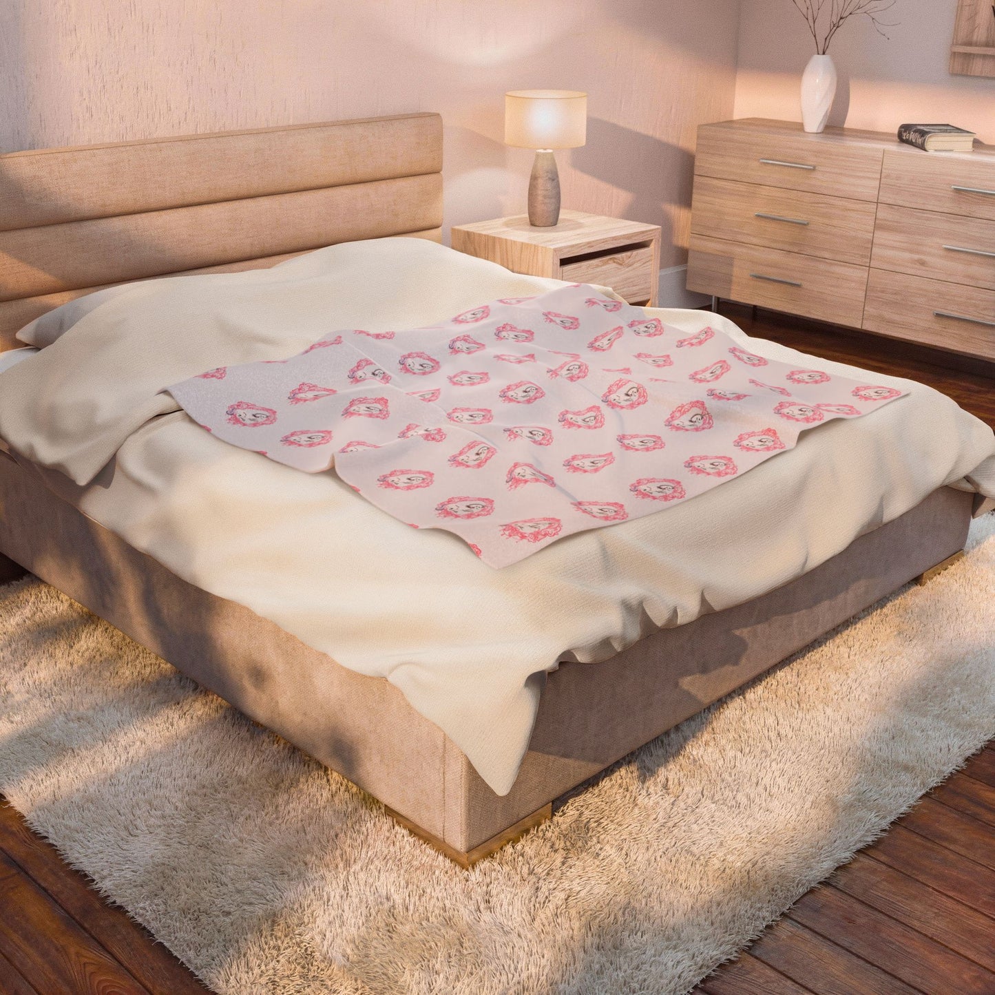 Pink Floral Sheep Pattern Velveteen Plush Blanket | Nursery Baby Throw
