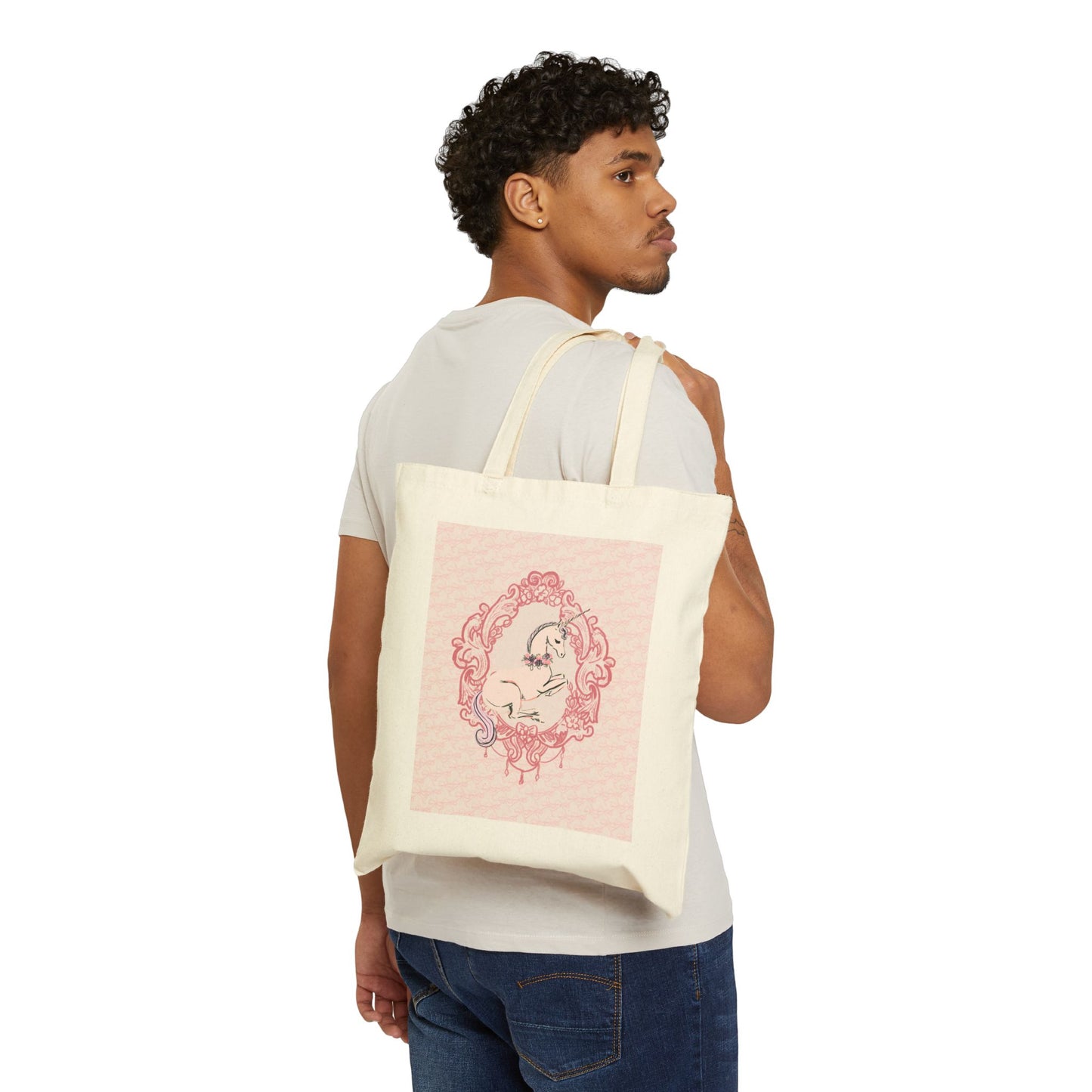 Pink Swan Illustration Tote Bag | Vintage Damask Background, Feminine Animal Art
