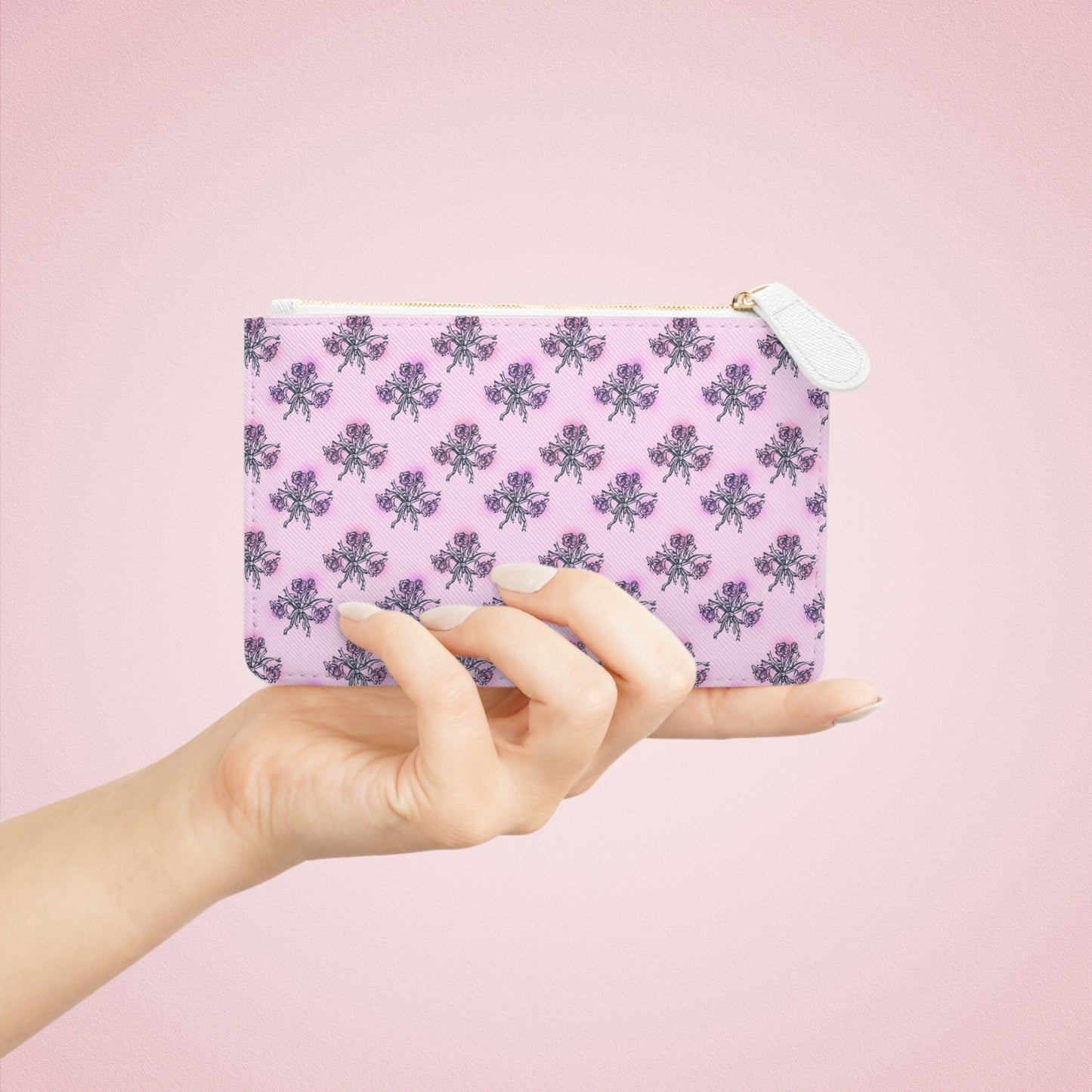 Floral Pink Mini Clutch Bag – Petite Zip Pouch with Delicate Blossom Pattern