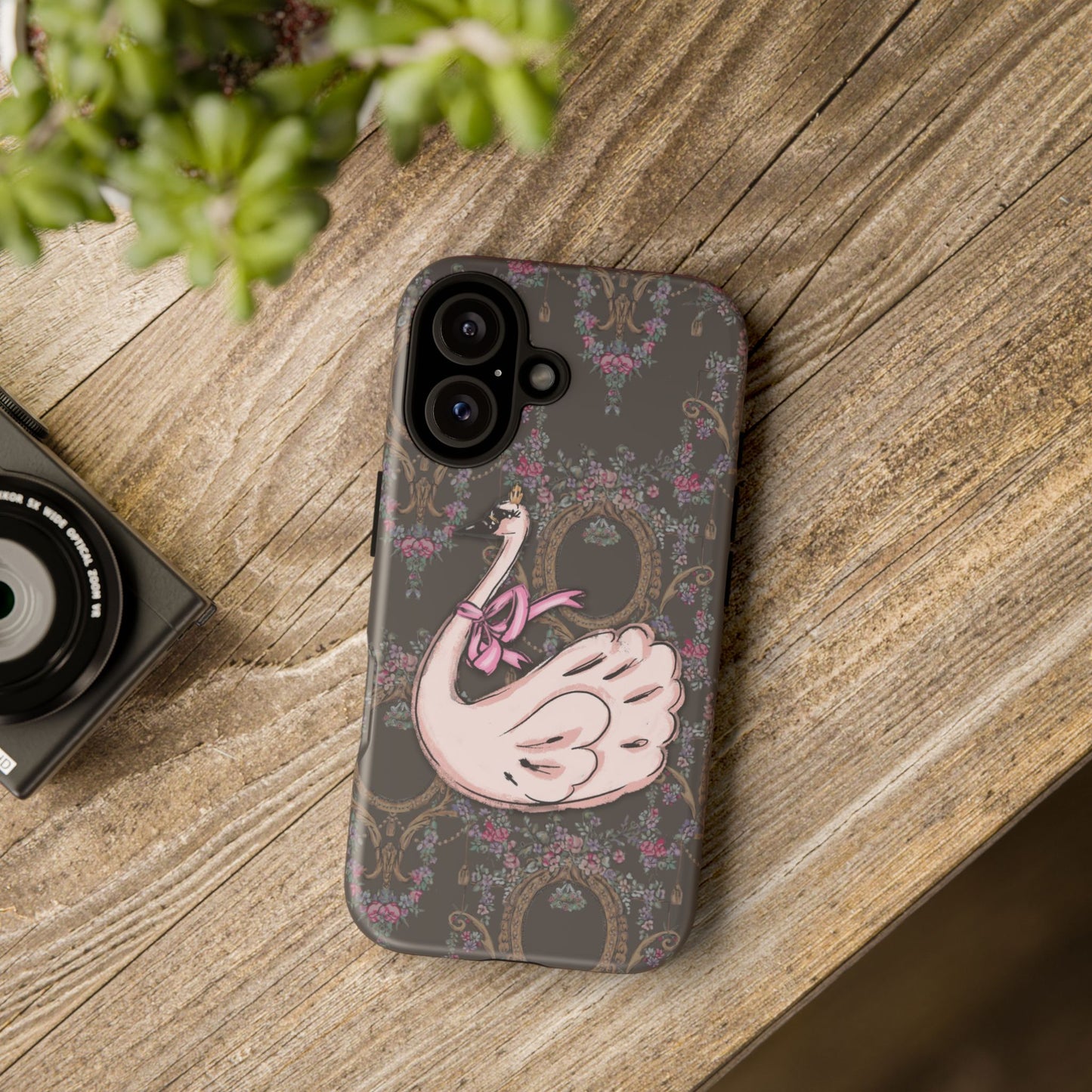 Pink Swan Tough Case | Vintage Floral Mirror Pattern, Elegant Bird Phone Cover