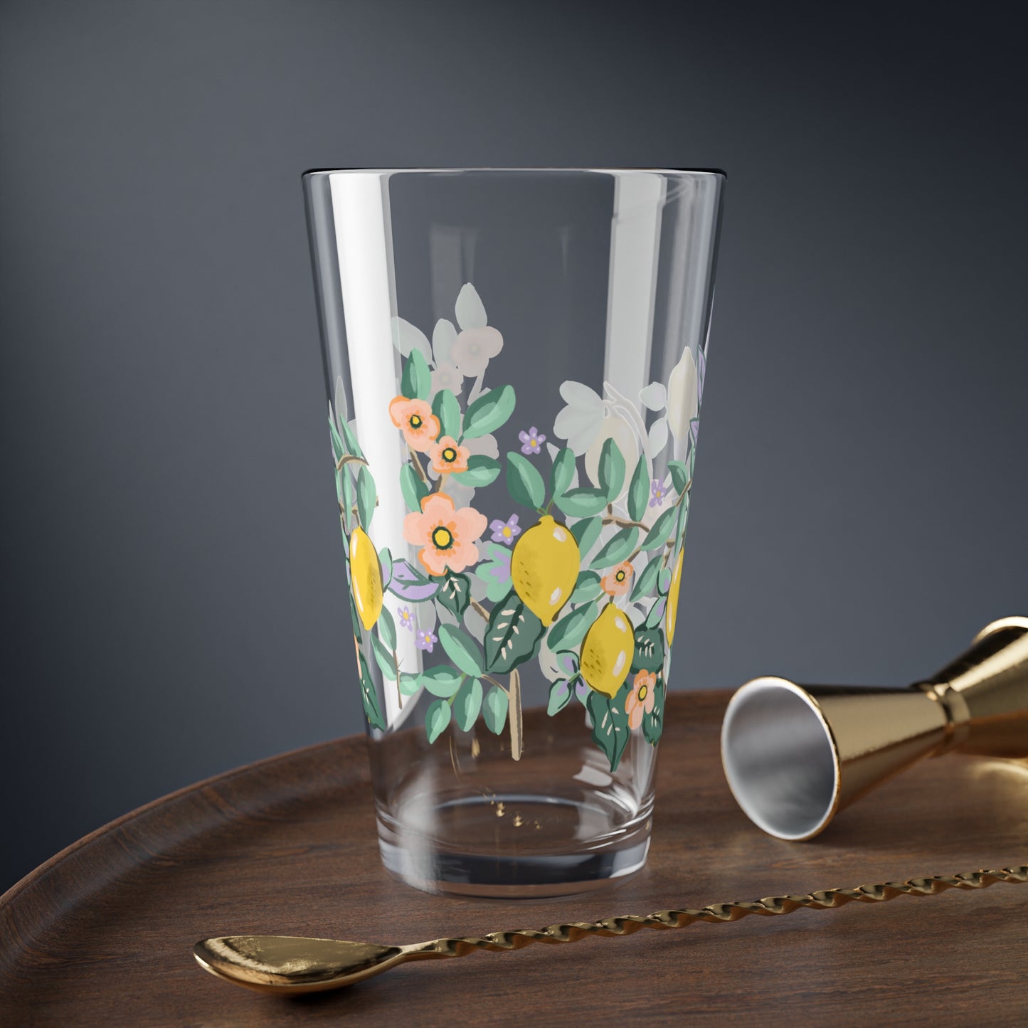 Lemon Blossom Mixing Glass — 16oz Decorative Cocktail Shaker Glass