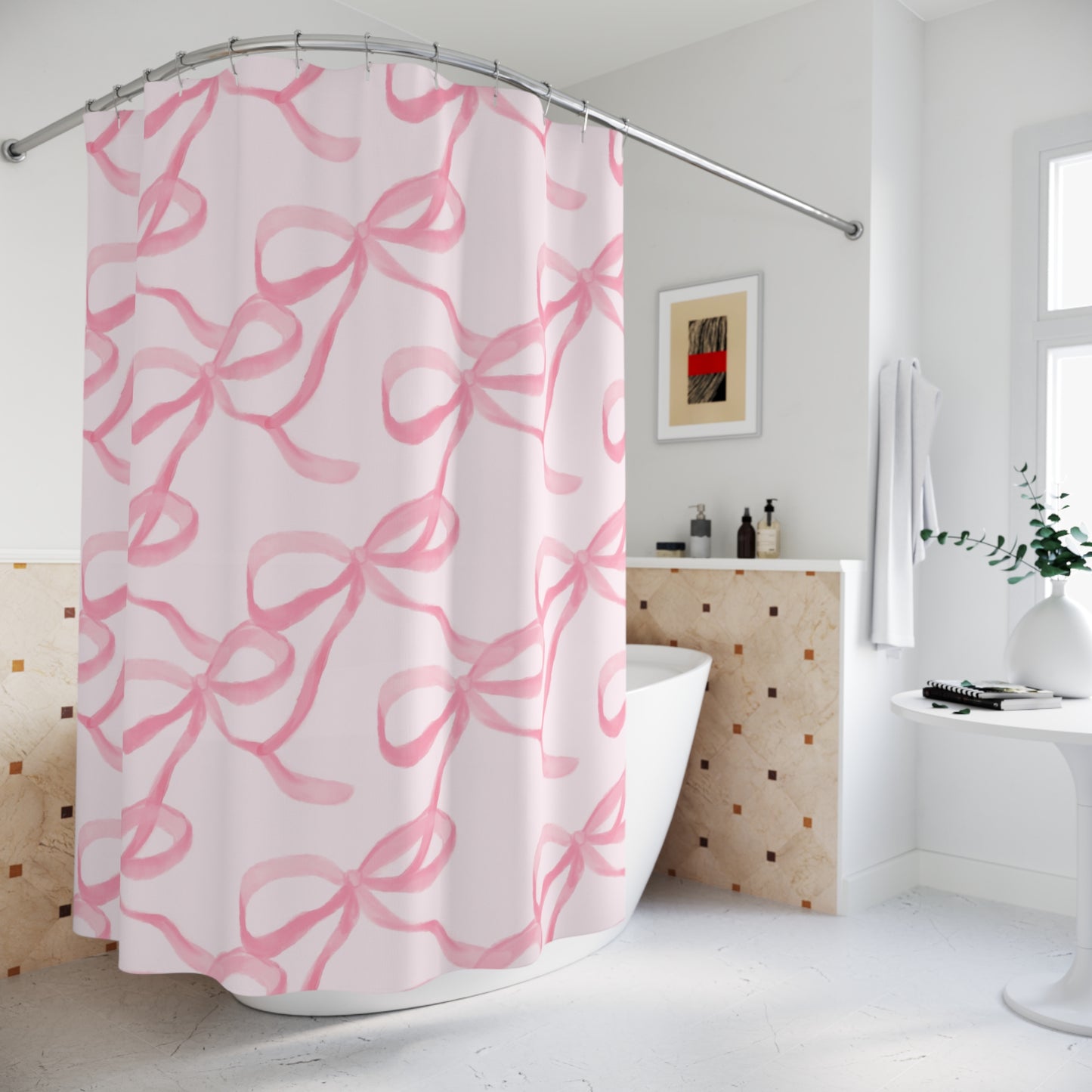 Pink Watercolor Bows Shower Curtain | Bow Pattern Bathroom Decor