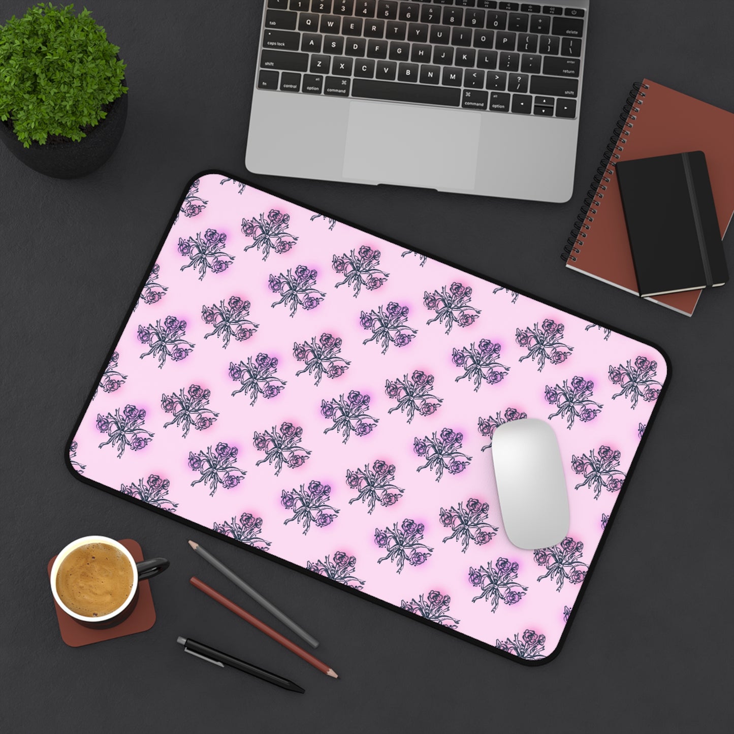 Pink Floral Desk Mat — Repeating Violet Iris Pattern