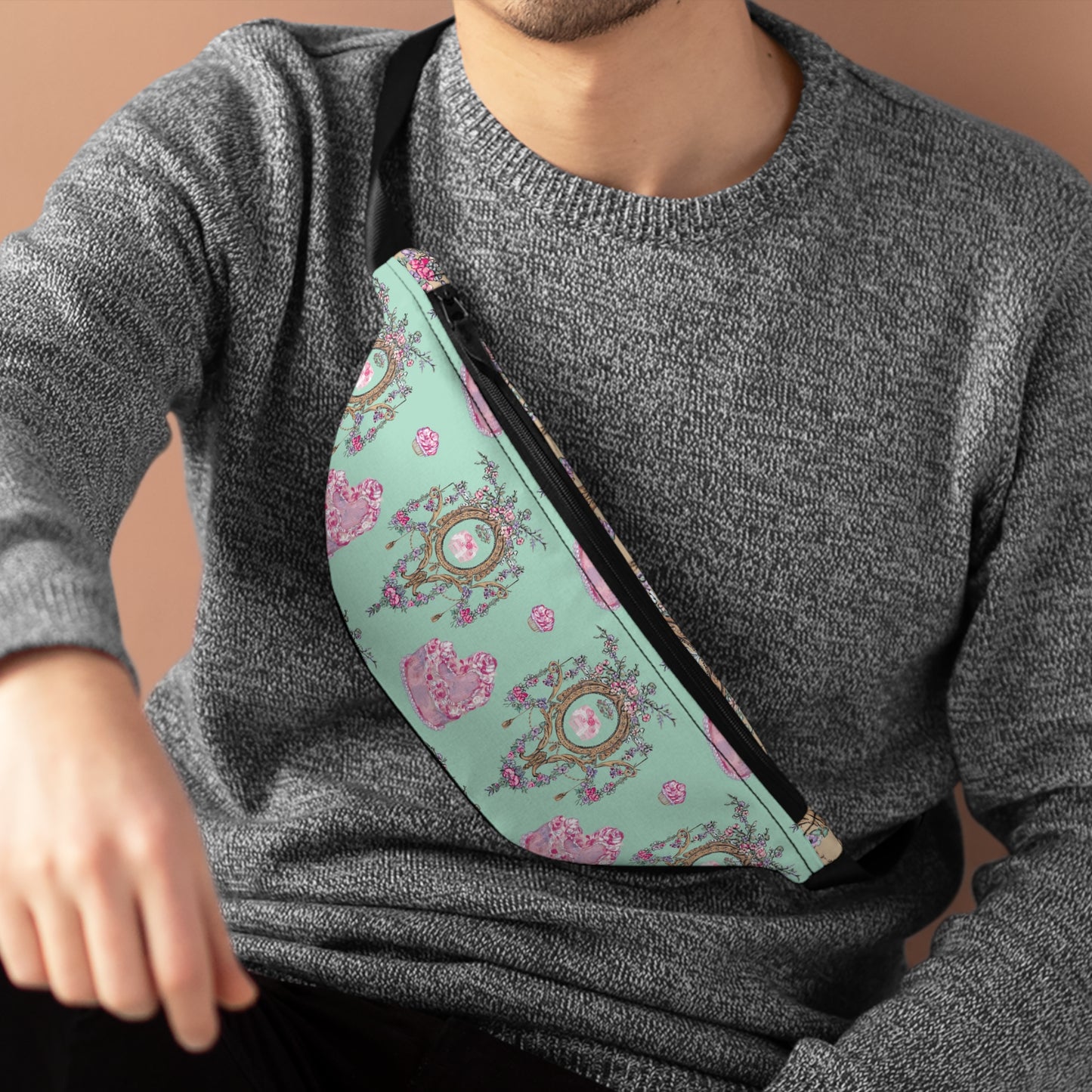 Vintage Cameo Floral Fanny Pack | Mint Pink Rococo Print