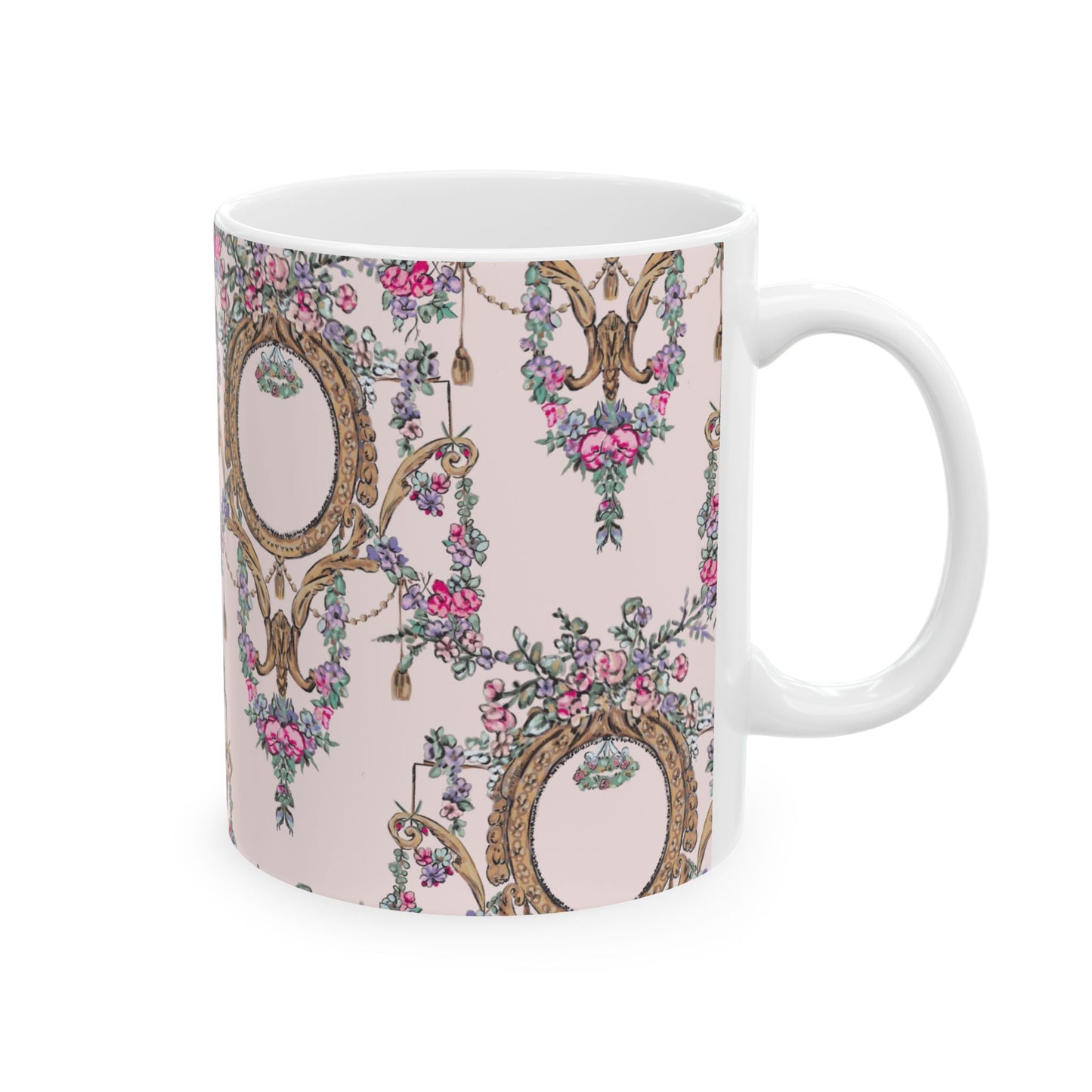 Pink Swan Pattern Mug | Vintage Mirror Floral Ceramic Mug