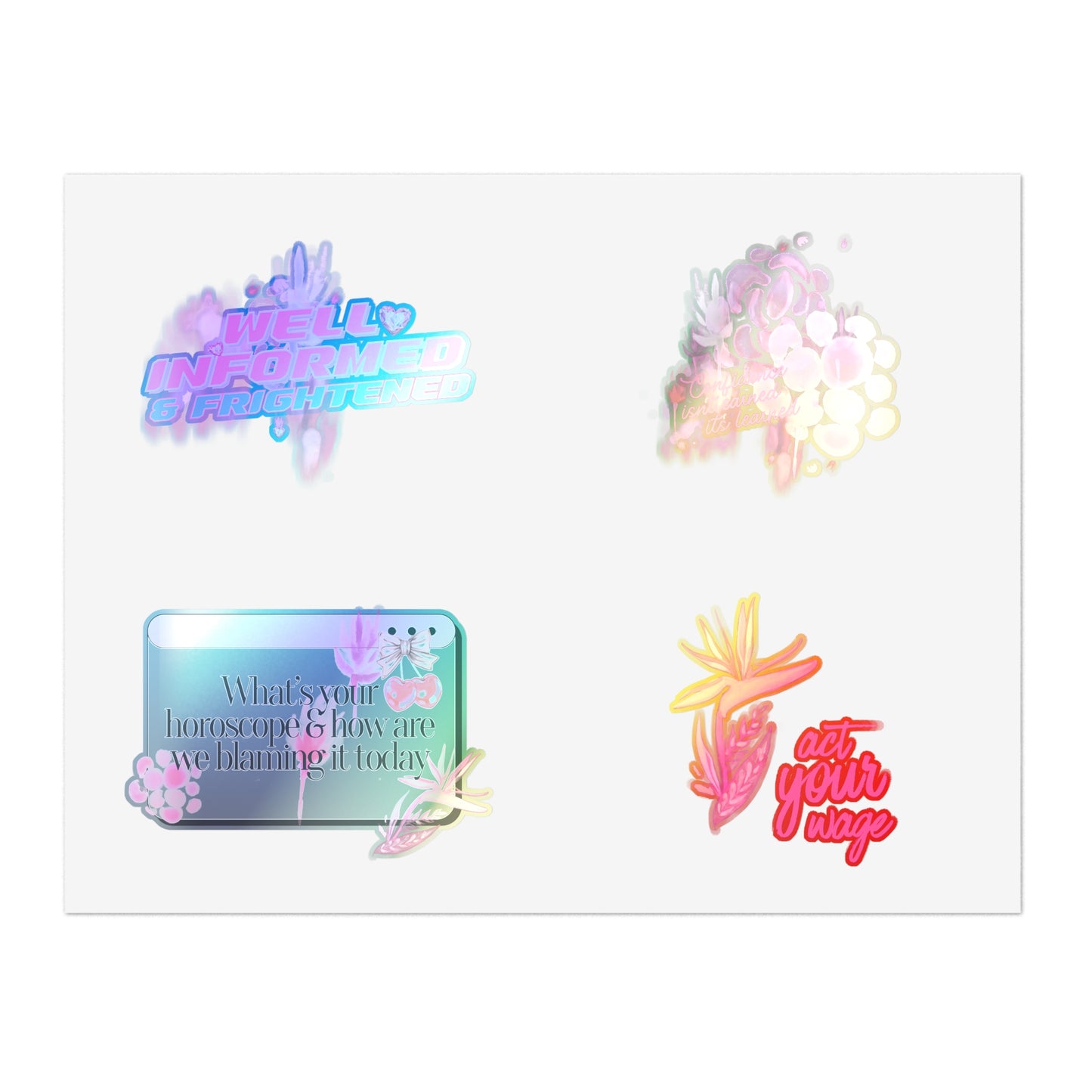 Well Informed & Frightened Pink Aesthetic Sticker Sheet — Horoscope, Floral & “Act Your Way” Designs