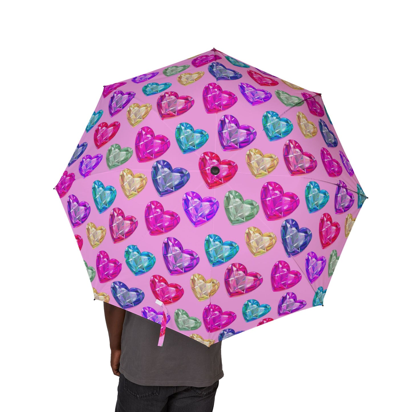 Compact Heart Pattern Umbrella — Semi-Automatic Foldable Rain Umbrella