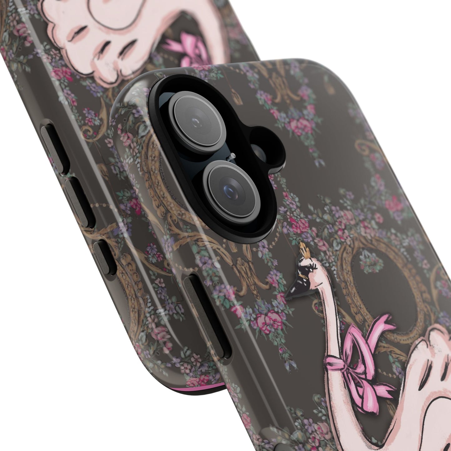 Pink Swan Tough Case | Vintage Floral Mirror Pattern, Elegant Bird Phone Cover