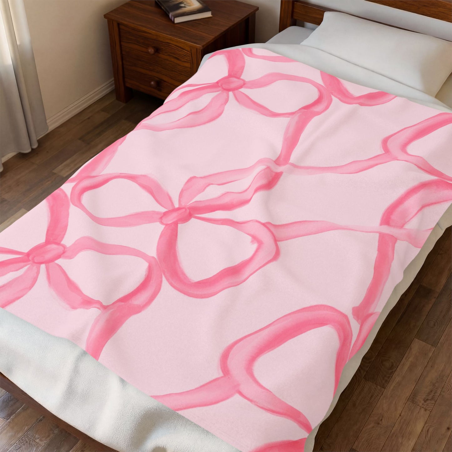 Pink Ribbon Bow Pattern Velveteen Plush Blanket | Soft Pink Bows Throw