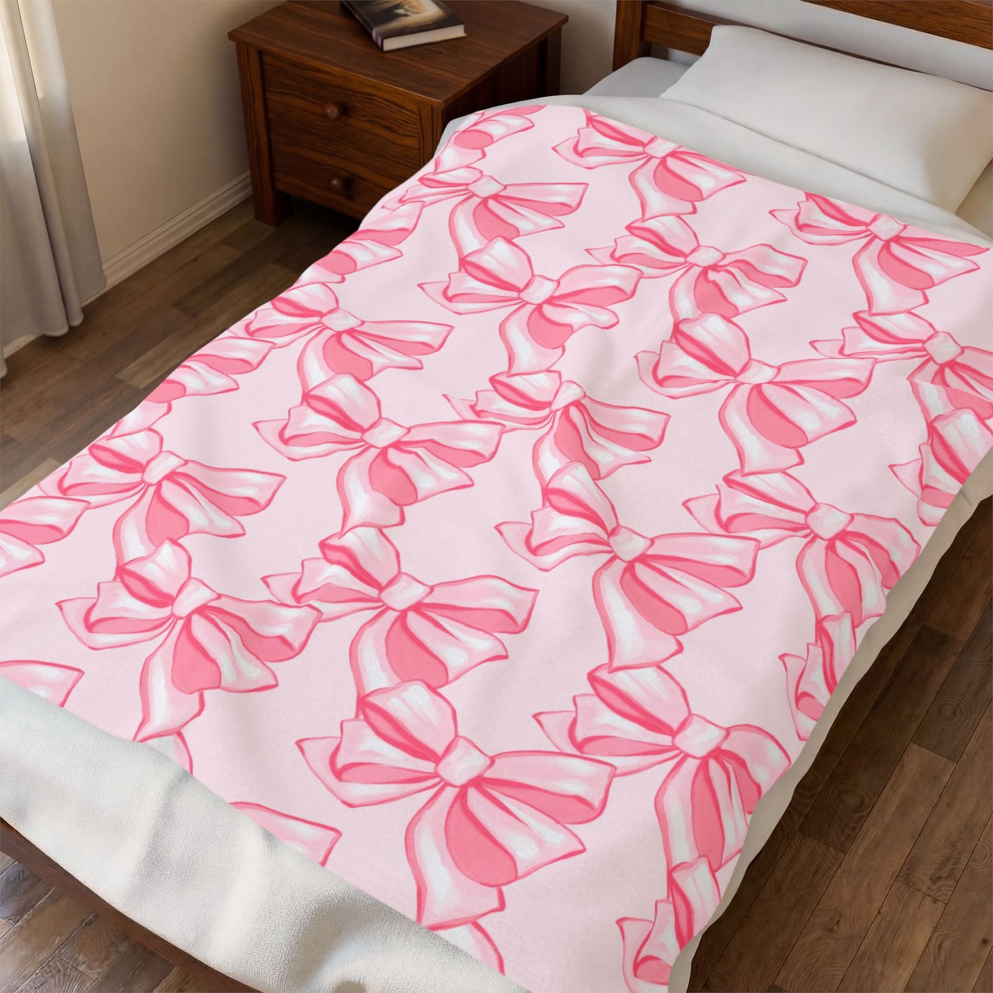 Pink Bow Pattern Velveteen Plush Blanket | Cute Ribbon Design