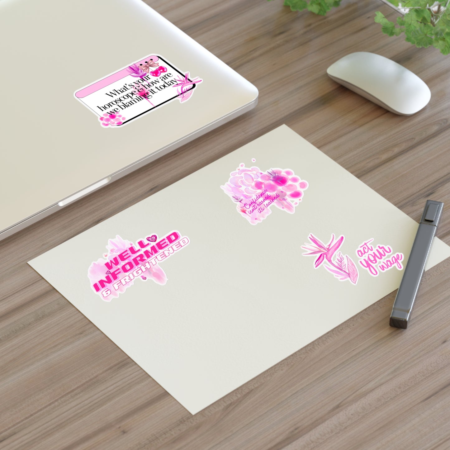 Well Informed & Frightened Pink Aesthetic Sticker Sheet — Horoscope, Floral & “Act Your Way” Designs