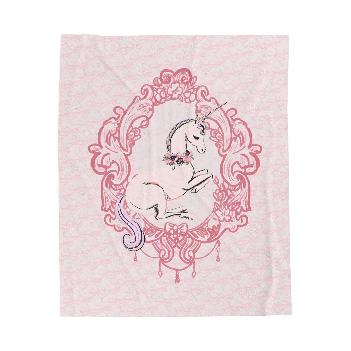 Floral Unicorn Illustration Velveteen Plush Blanket | Pink Fantasy Frame