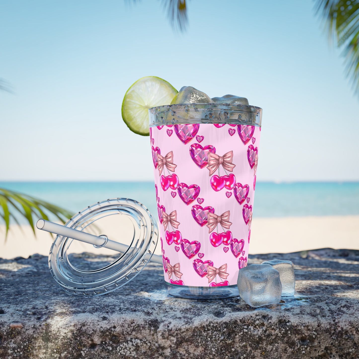 Heart Bow 16oz Tumbler with Straw — Pink Sunglasses & Bows Pattern