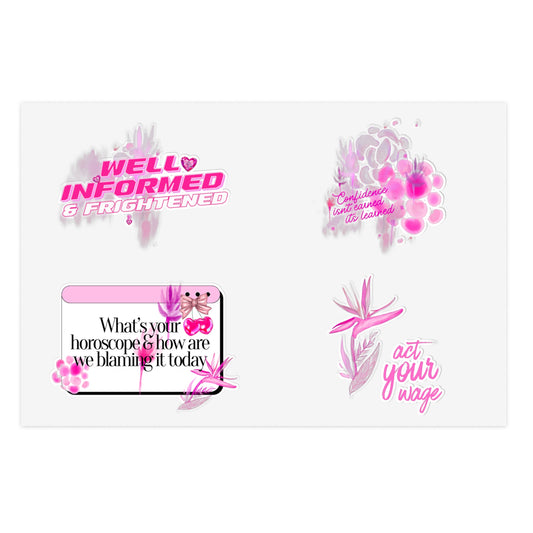 Well Informed & Frightened Pink Aesthetic Sticker Sheet — Horoscope, Floral & “Act Your Way” Designs