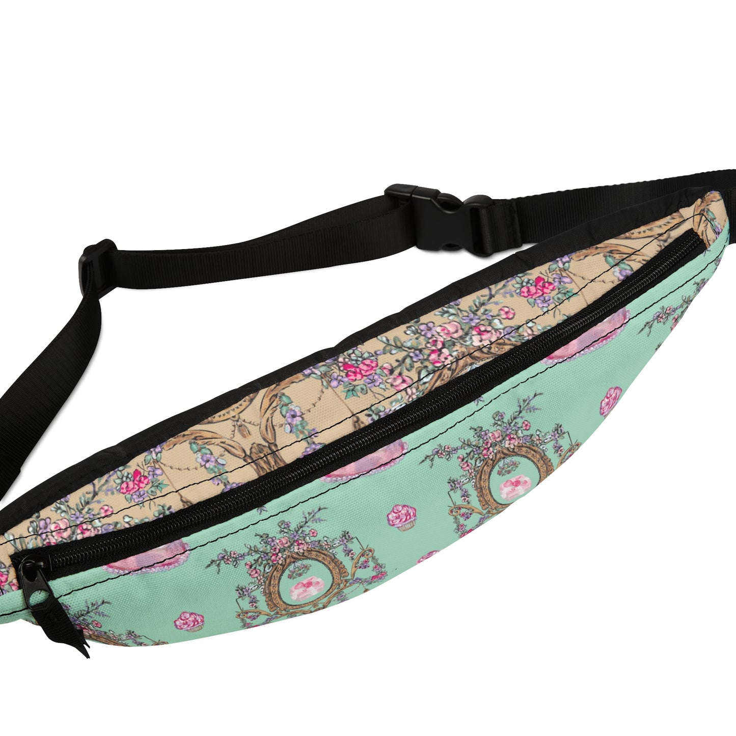 Vintage Cameo Floral Fanny Pack | Mint Pink Rococo Print
