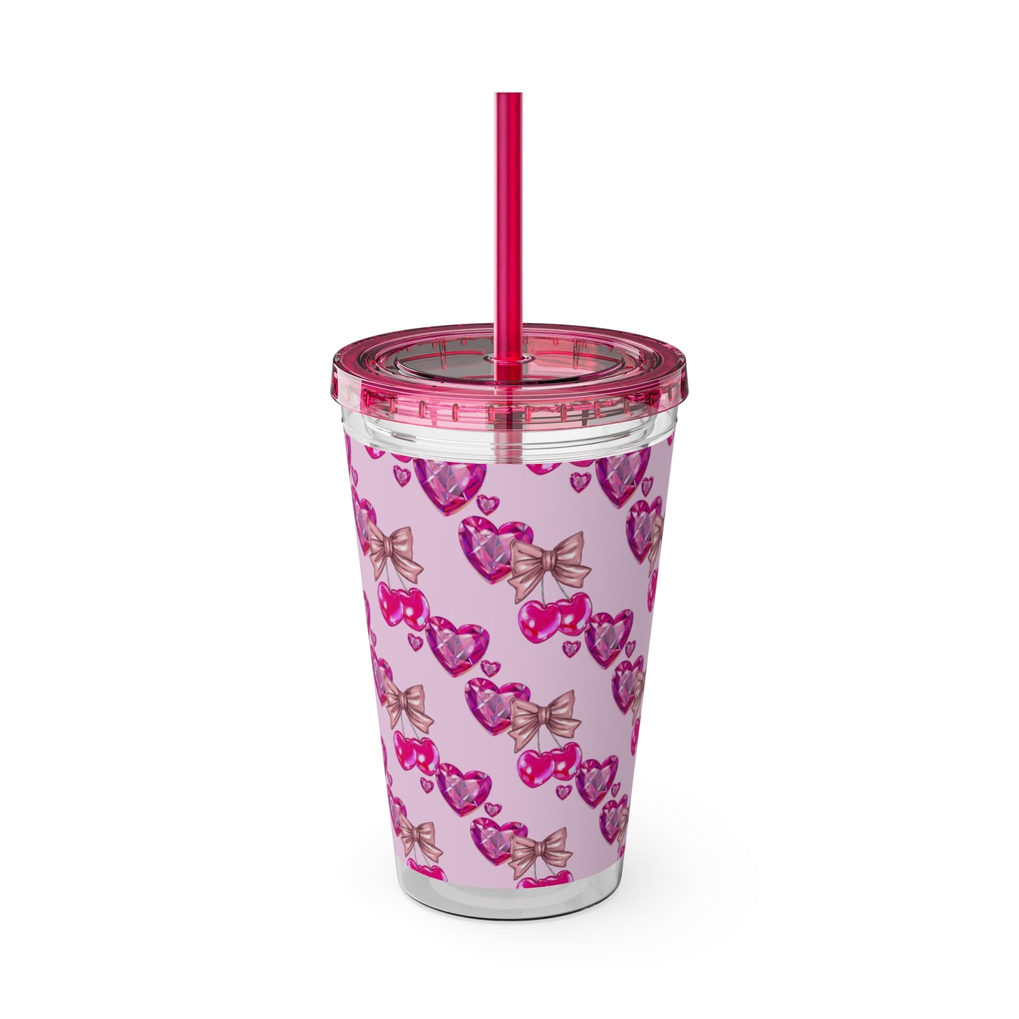 Heart Bow 16oz Tumbler with Straw — Pink Sunglasses & Bows Pattern