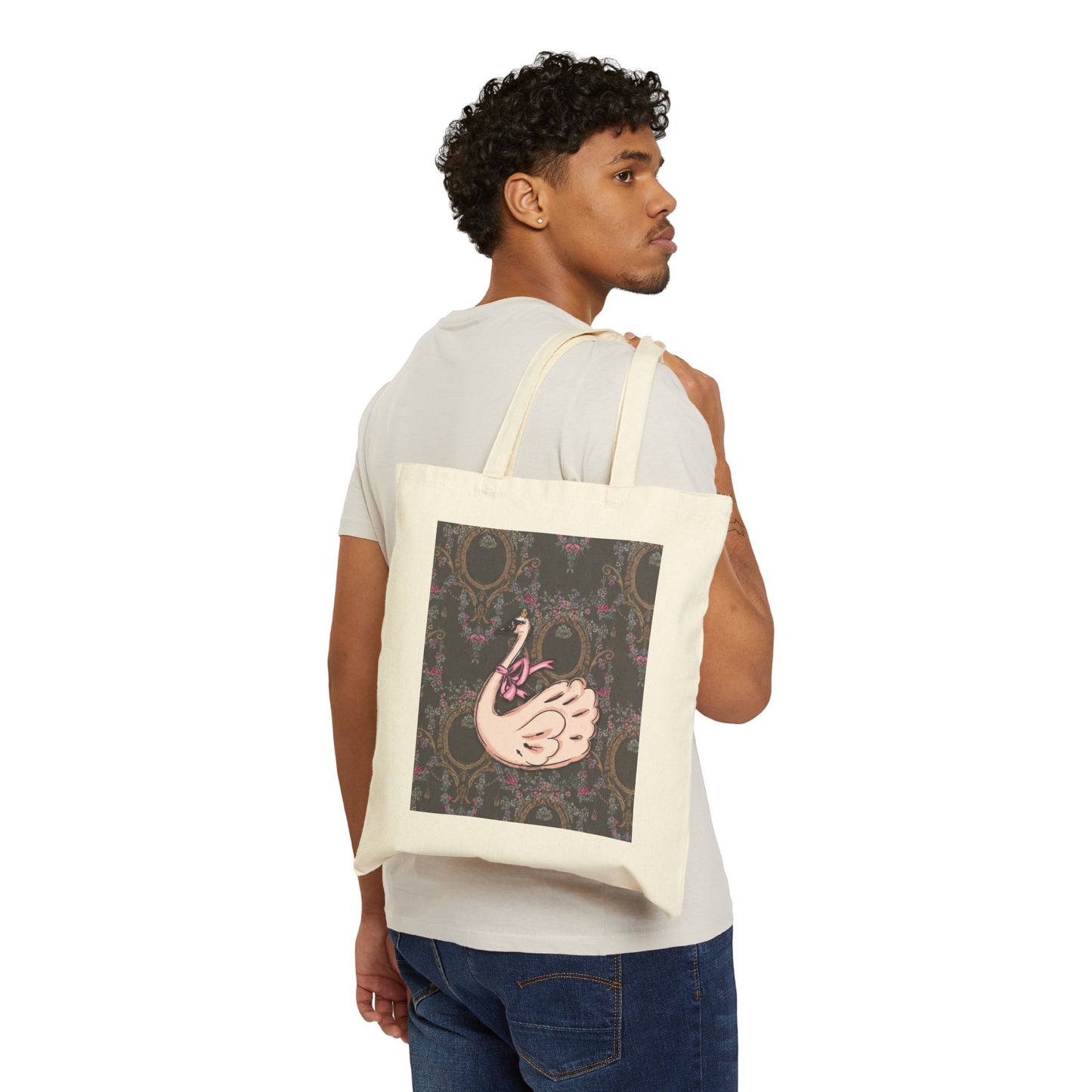 Pink Swan Illustration Tote Bag | Vintage Damask Background, Feminine Animal Art