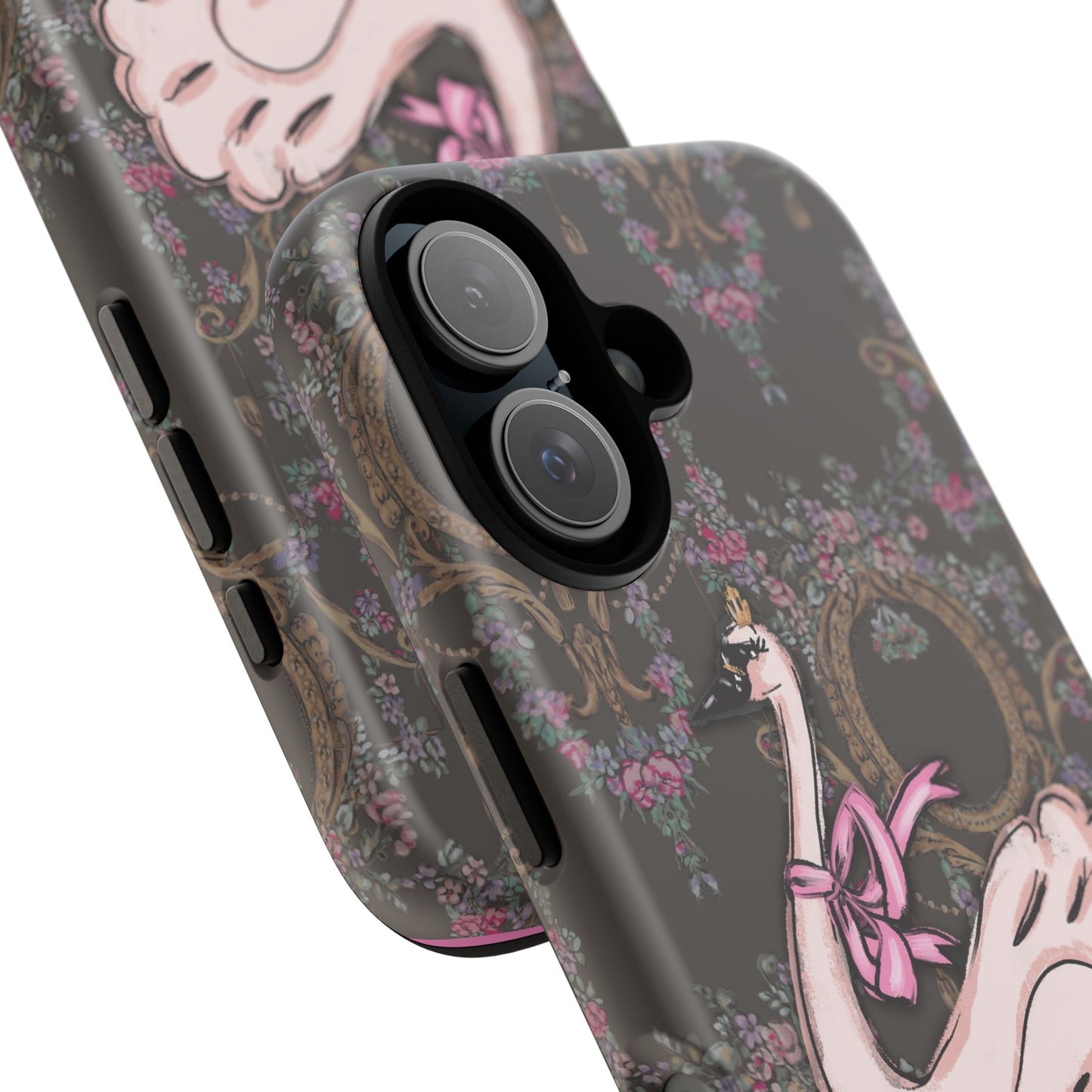 Pink Swan Tough Case | Vintage Floral Mirror Pattern, Elegant Bird Phone Cover