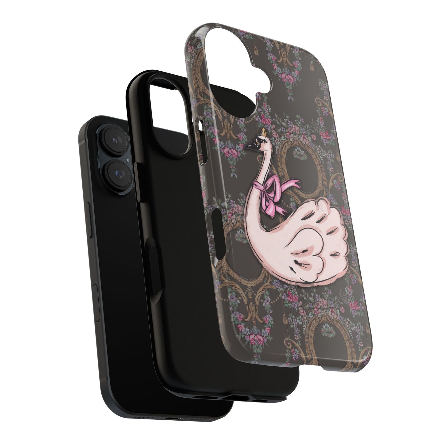 Pink Swan Tough Case | Vintage Floral Mirror Pattern, Elegant Bird Phone Cover