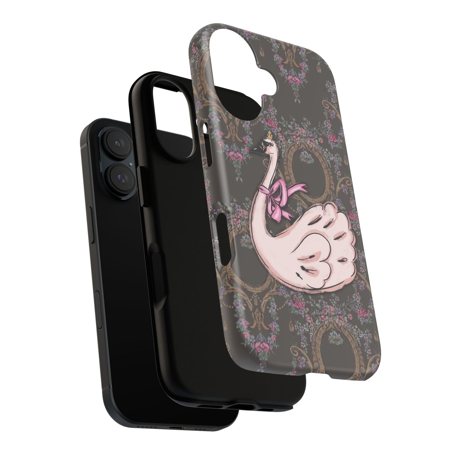 Pink Swan Tough Case | Vintage Floral Mirror Pattern, Elegant Bird Phone Cover
