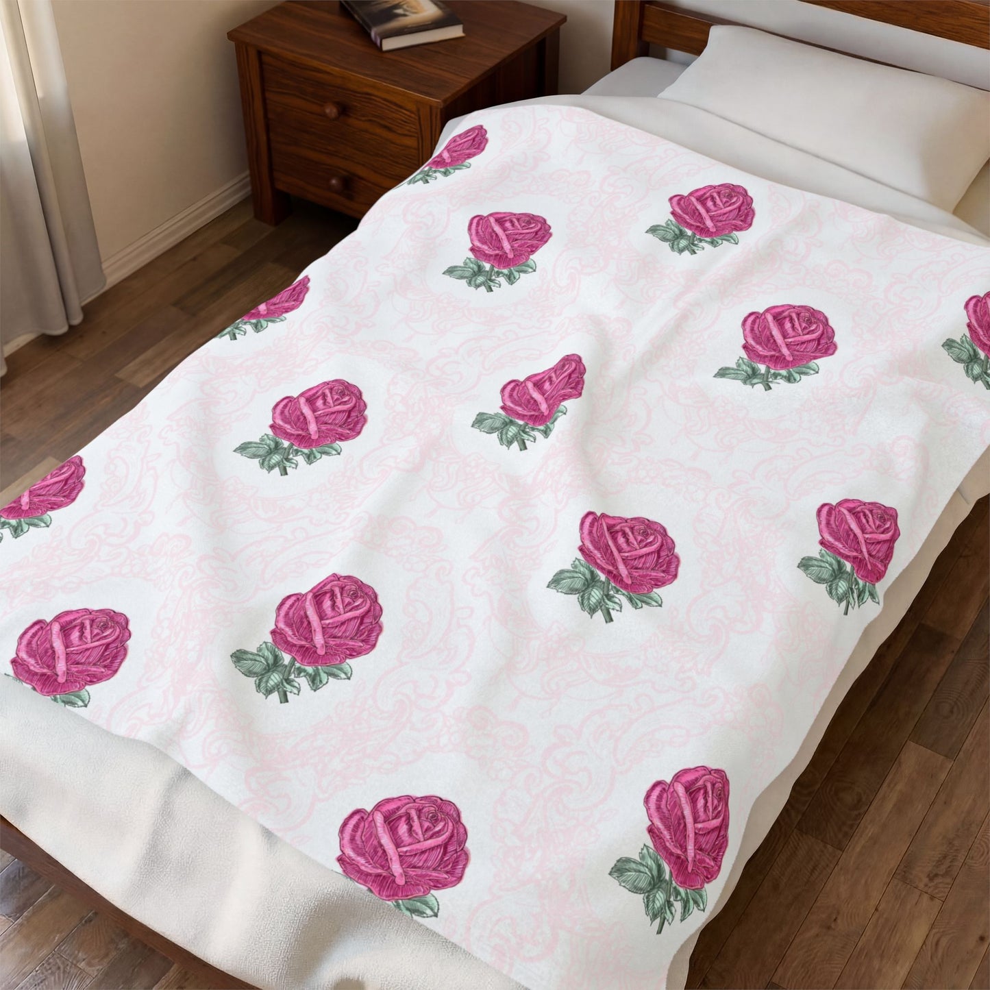 Pink Rose Pattern Velveteen Plush Blanket | Floral, Soft Throw