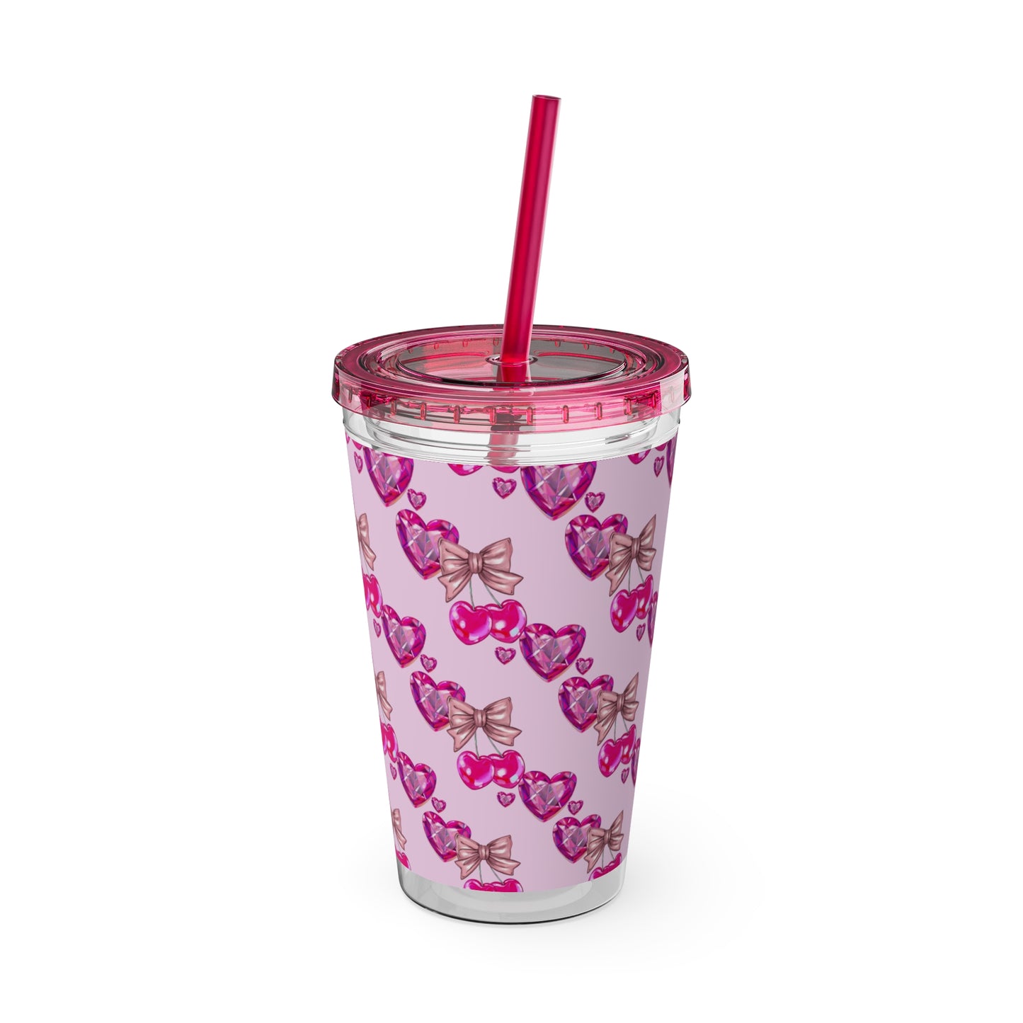 Heart Bow 16oz Tumbler with Straw — Pink Sunglasses & Bows Pattern