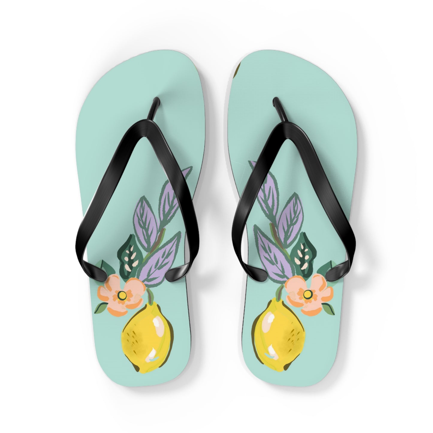 Lemon Blossom Flip Flops — Aqua Floral Summer Sandals