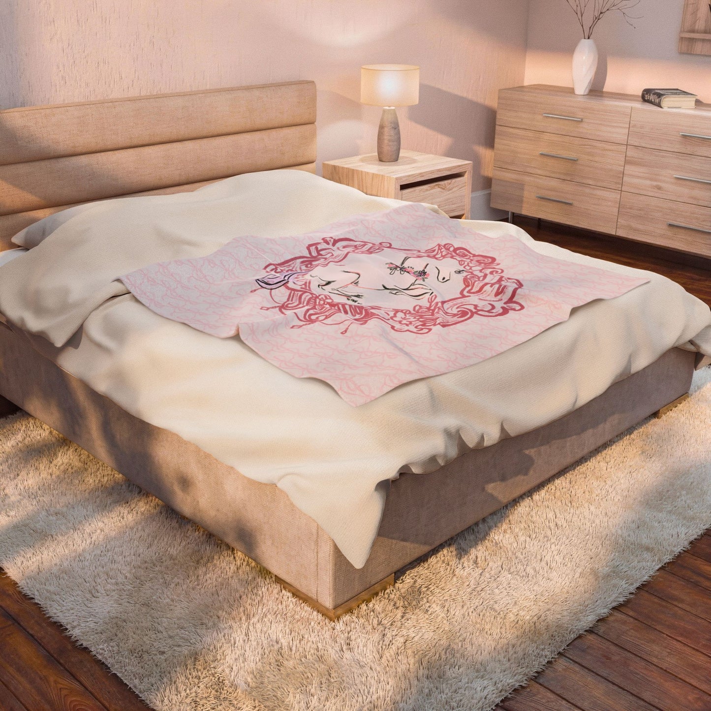 Floral Unicorn Illustration Velveteen Plush Blanket | Pink Fantasy Frame