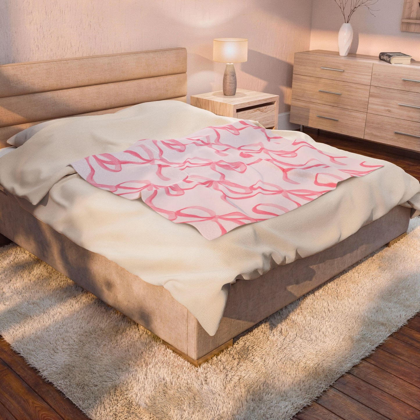 Pink Ribbon Bow Pattern Velveteen Plush Blanket | Soft Bow Print Throw