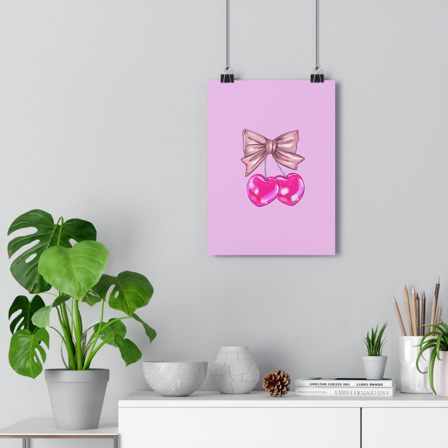 Cherry Heart Art Print — Pink Bow Giclée Wall Art