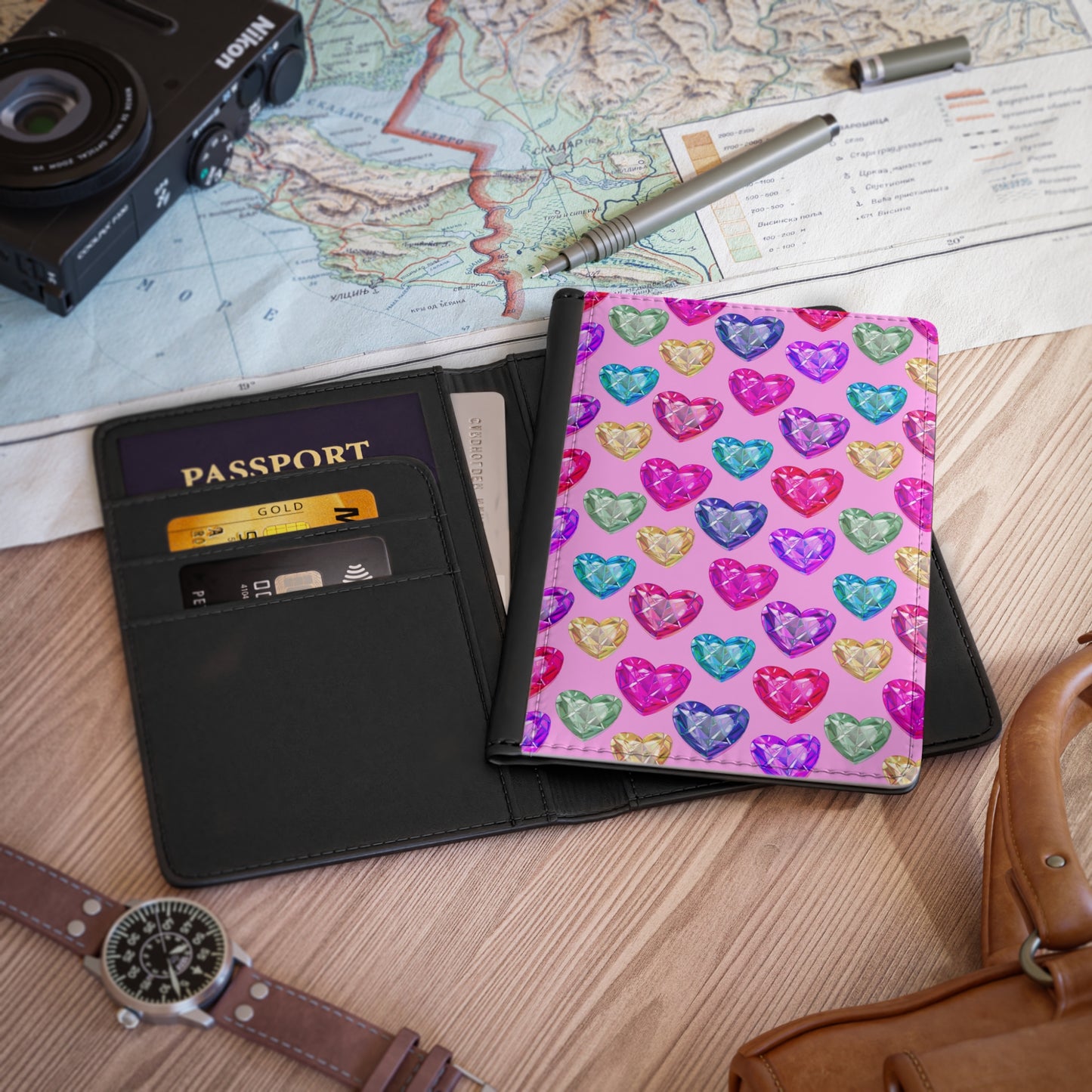 Colorful Gem Heart Passport Cover — Pink Travel Passport Holder for Women & Girls
