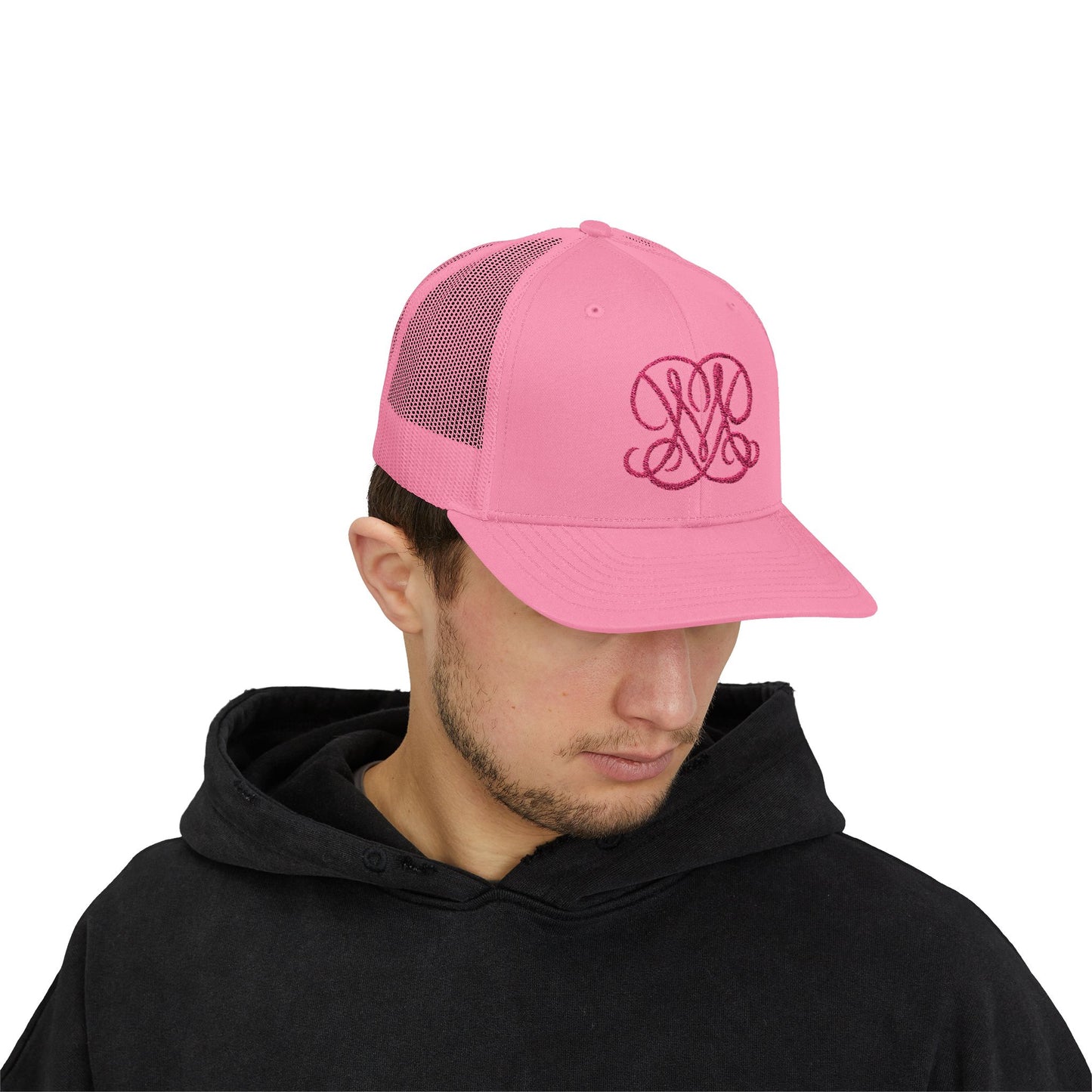 Embroidered Princess Marzipan logo Trucker Cap — Personalized Script Patch Snapback