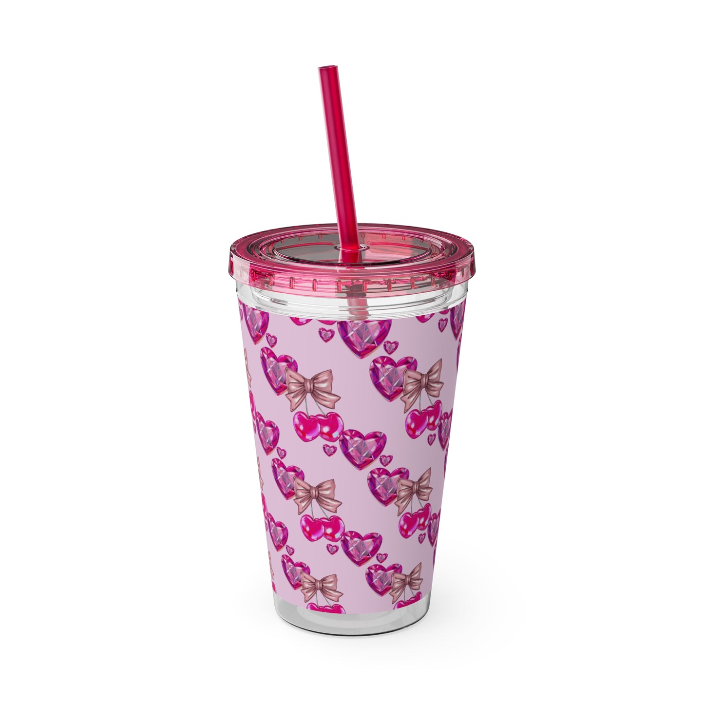 Heart Bow 16oz Tumbler with Straw — Pink Sunglasses & Bows Pattern