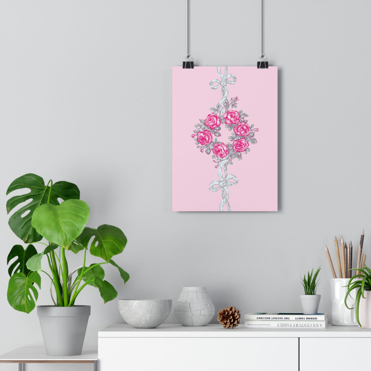 Pink Rose Wreath Giclée Art Print — Vintage Floral Wall Decor