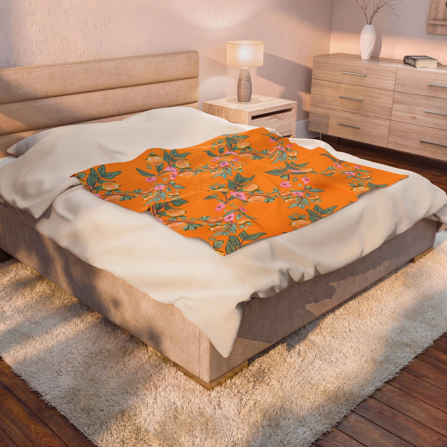 Floral Citrus Velveteen Plush Blanket – Orange Blossom Cozy Throw