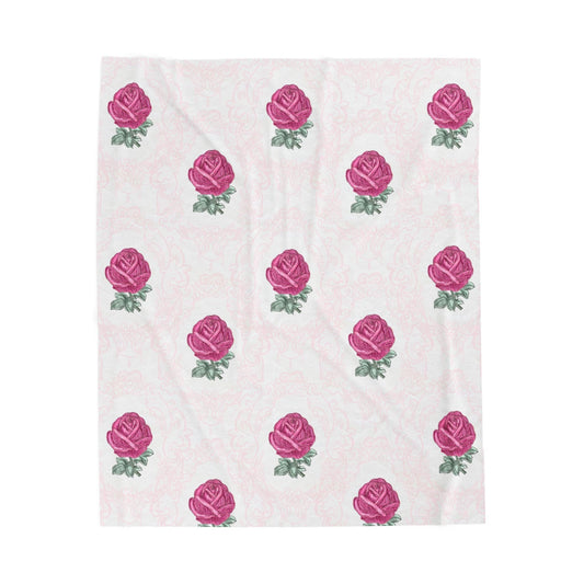 Pink Rose Pattern Velveteen Plush Blanket | Floral, Soft Throw