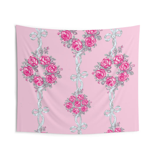 Floral Rose Ribbon Wall Tapestry — Pink Vintage Floral Indoor Decor