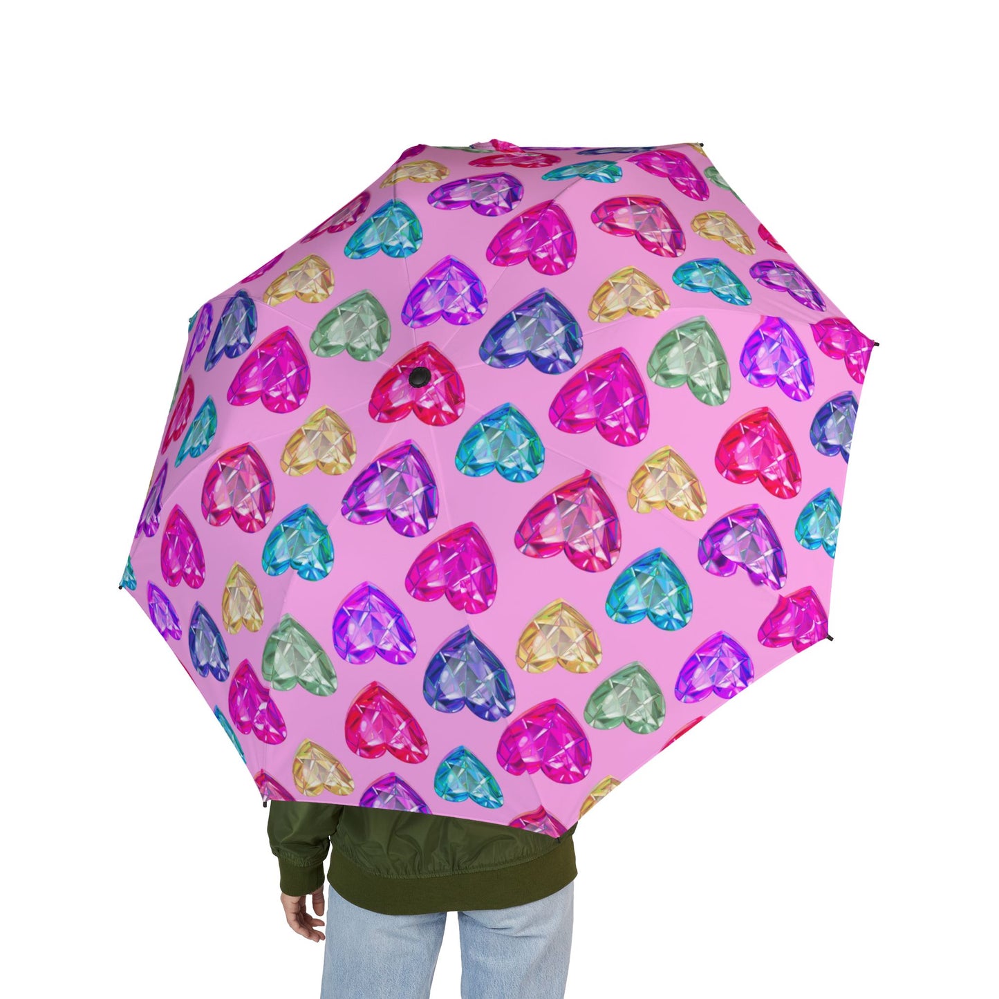 Compact Heart Pattern Umbrella — Semi-Automatic Foldable Rain Umbrella