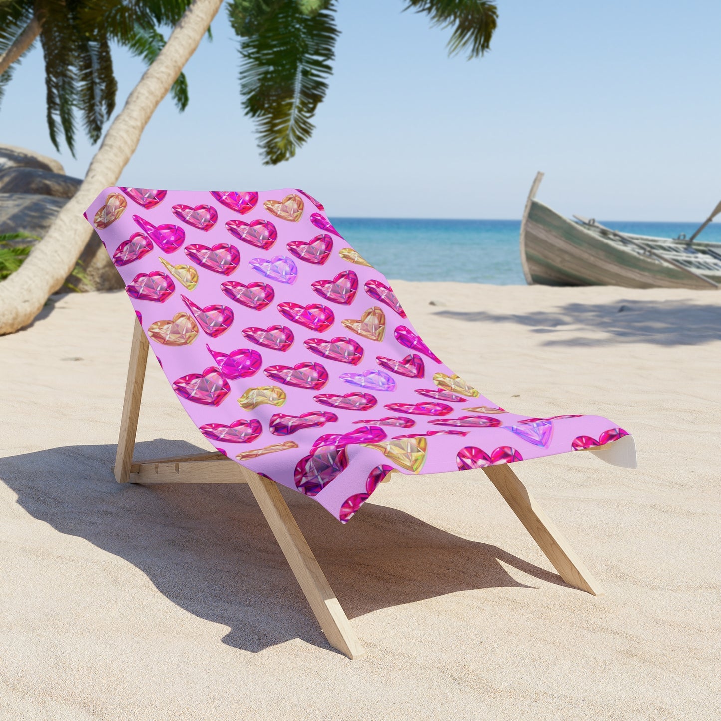 Heart Gems Pattern Beach Towel — Pink Heart Crystal Design