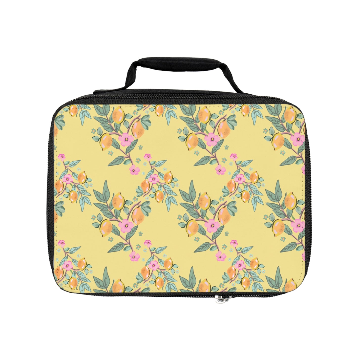 Floral Lemon Pattern Lunch Bag — Yellow Botanical Insulated Tote
