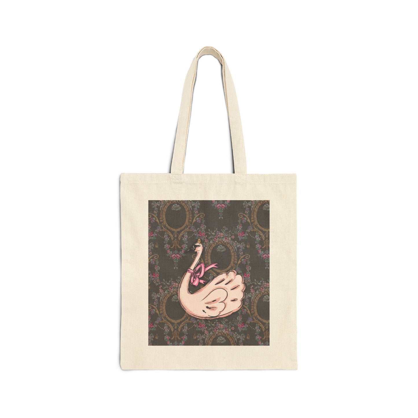 Pink Swan Illustration Tote Bag | Vintage Damask Background, Feminine Animal Art
