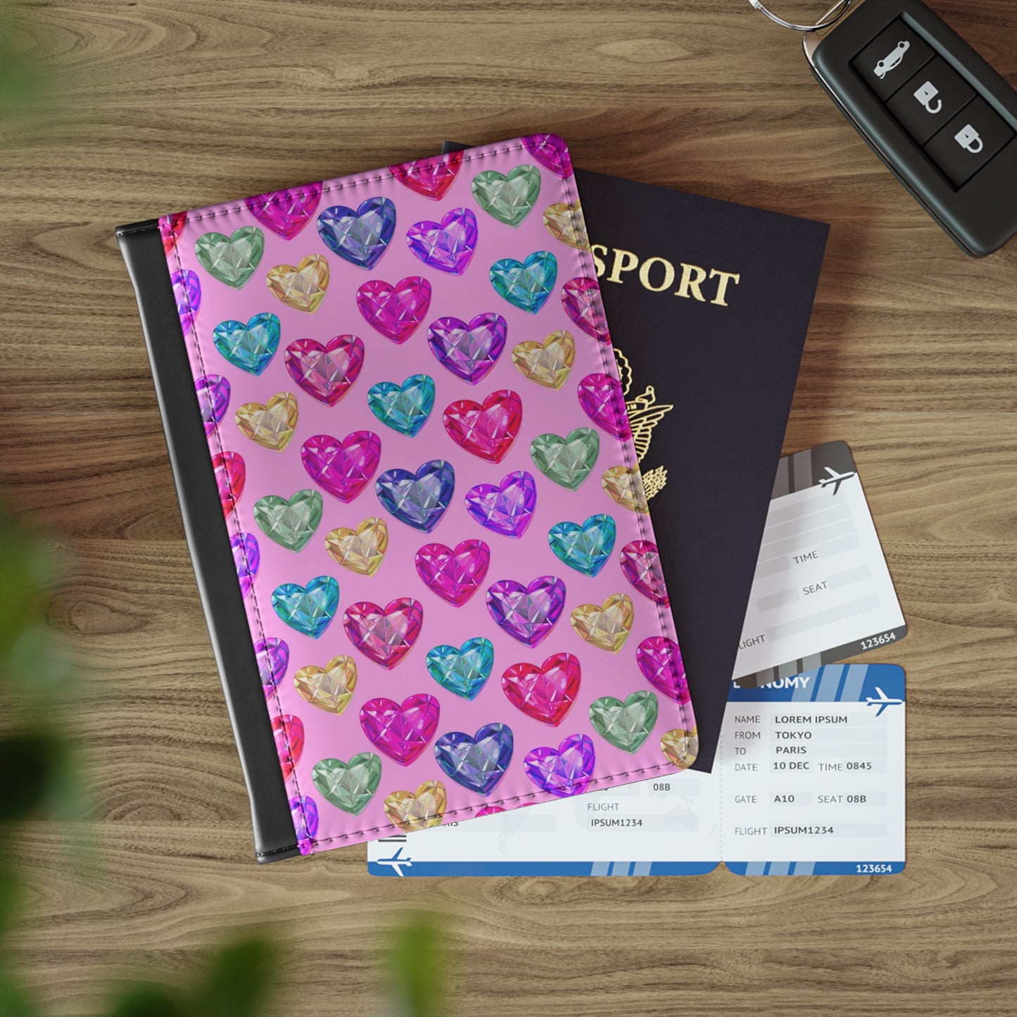 Colorful Gem Heart Passport Cover — Pink Travel Passport Holder for Women & Girls