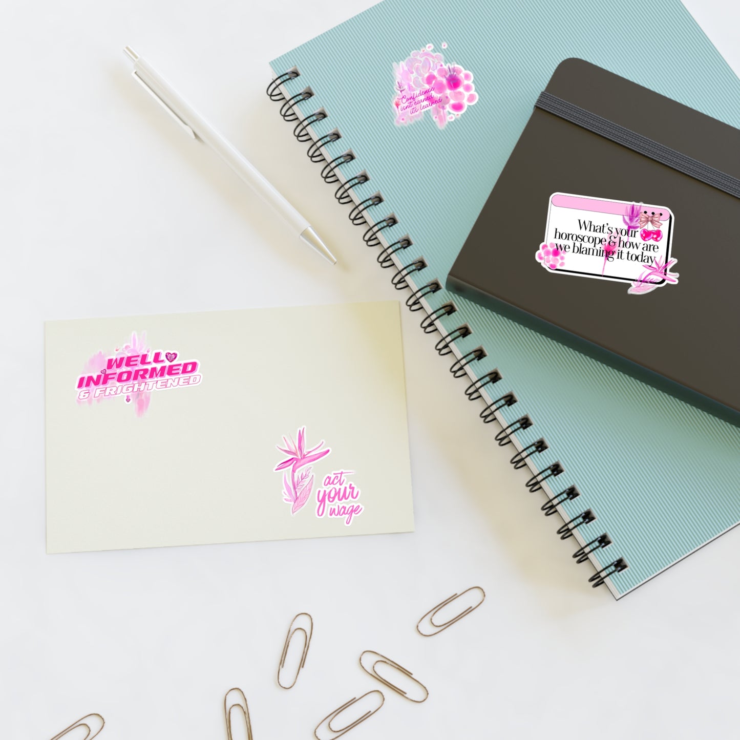 Well Informed & Frightened Pink Aesthetic Sticker Sheet — Horoscope, Floral & “Act Your Way” Designs