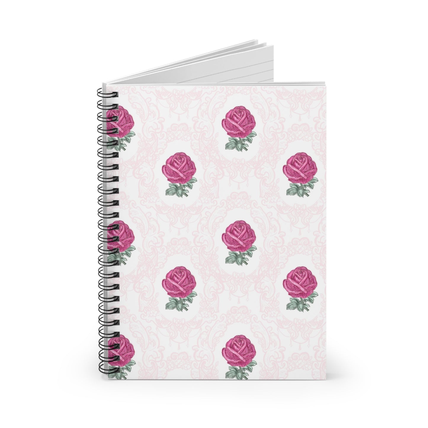 Pink Rose Pattern Spiral Notebook | Ruled Journal, Floral Stationery