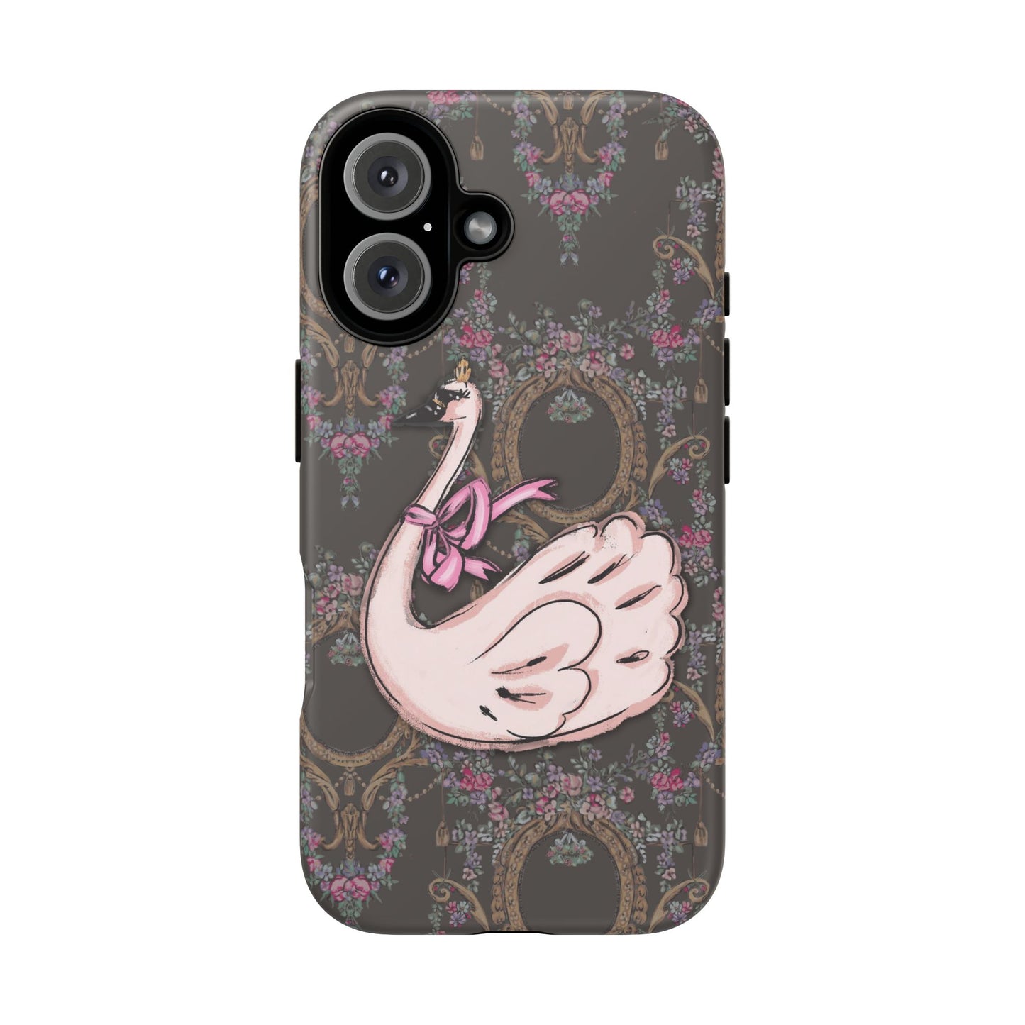 Pink Swan Tough Case | Vintage Floral Mirror Pattern, Elegant Bird Phone Cover