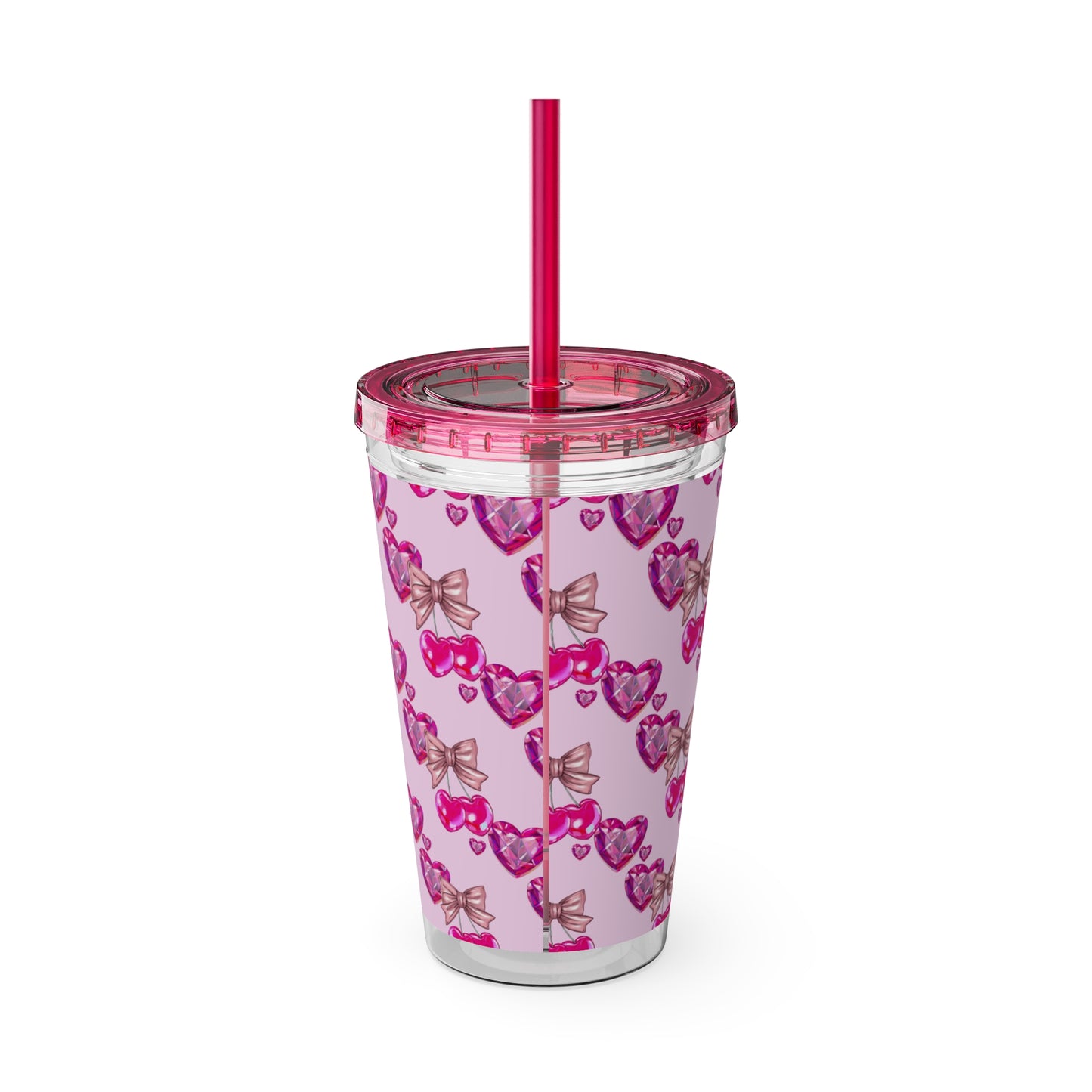 Heart Bow 16oz Tumbler with Straw — Pink Sunglasses & Bows Pattern