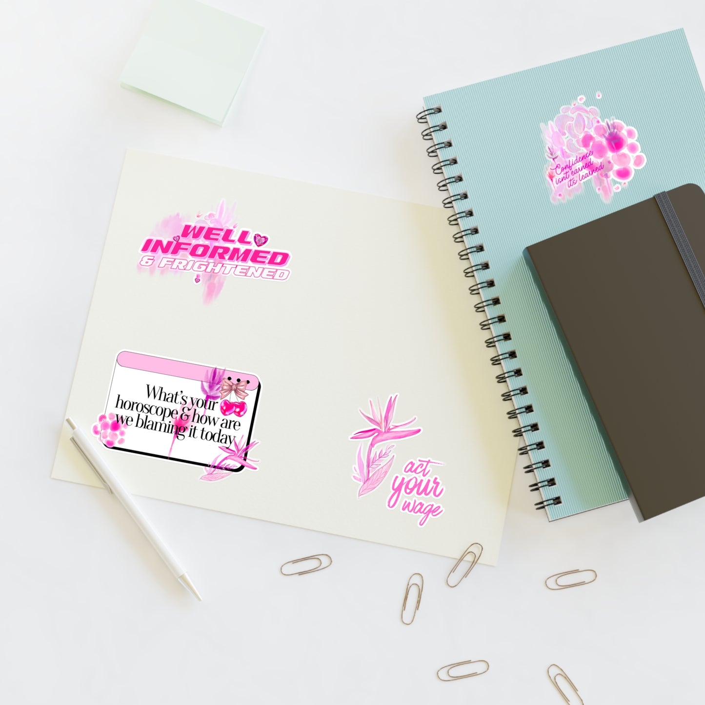 Well Informed & Frightened Pink Aesthetic Sticker Sheet — Horoscope, Floral & “Act Your Way” Designs