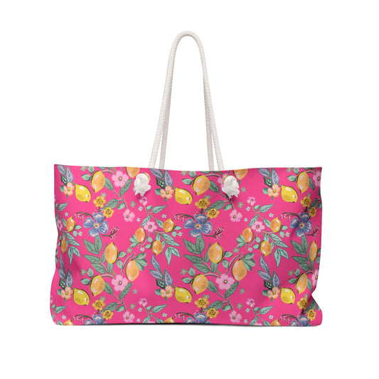 Pink Lemon Floral Weekender Bag — Bright Lemon & Blossom Travel Tote