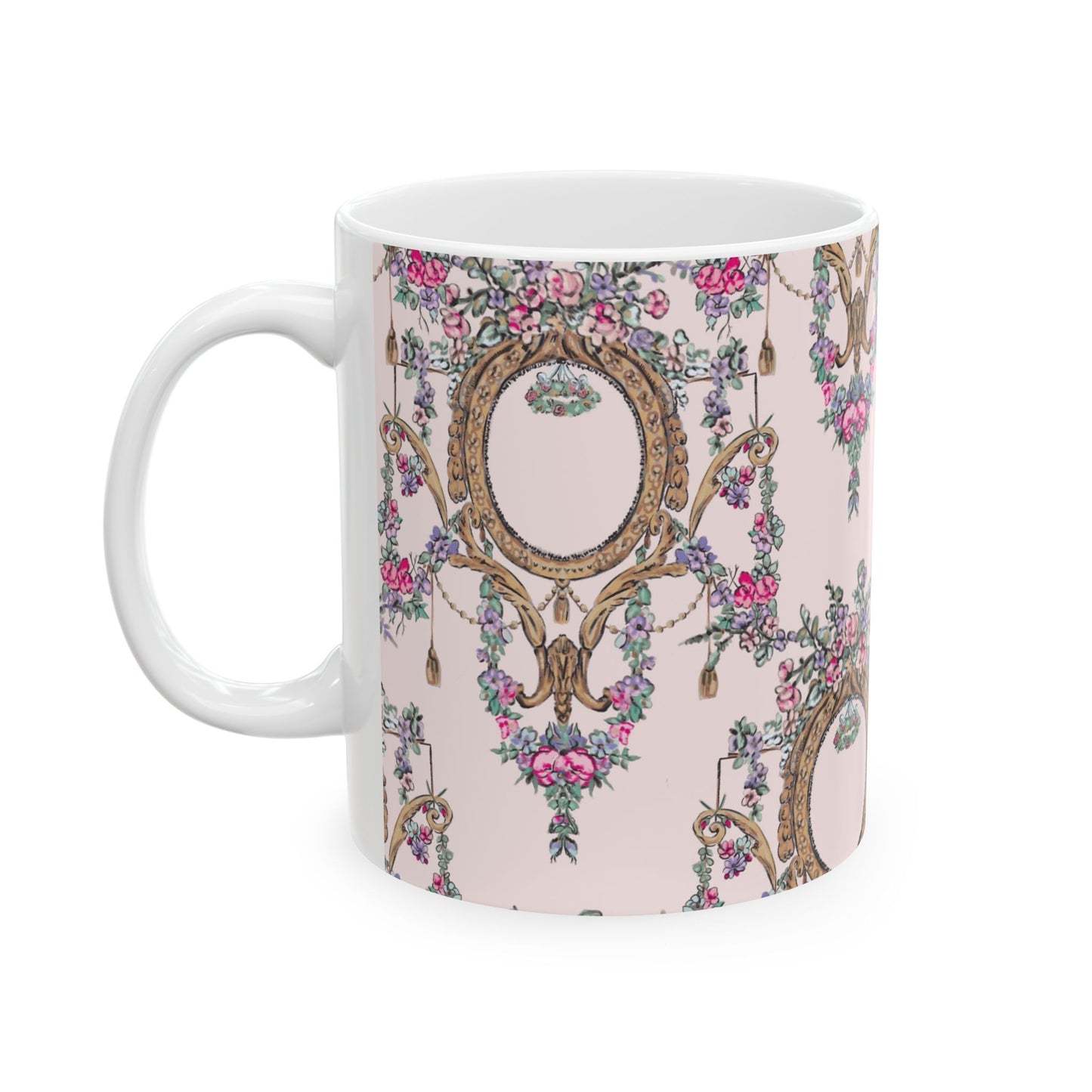 Pink Swan Pattern Mug | Vintage Mirror Floral Ceramic Mug